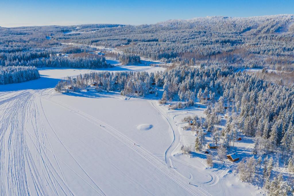 an aerial view of a ski slope in the snow at Rinnepelto Holiday Cottages in Tahkovuori