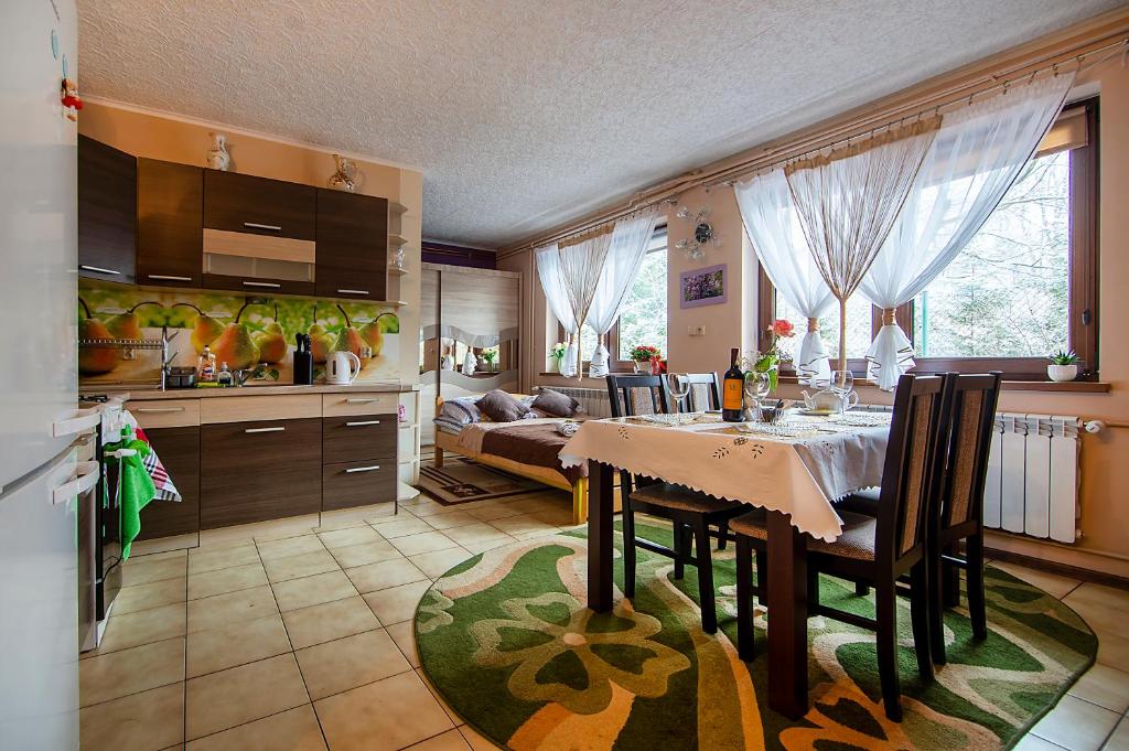 eine Küche und ein Wohnzimmer mit einem Tisch und Stühlen in der Unterkunft Apartamenty w Centrum - Zakopane in Zakopane