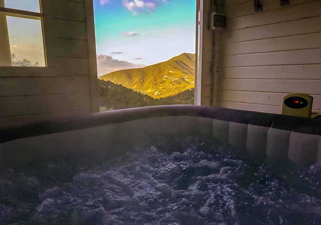 a bath tub with a view of a mountain at Agriturismo Orto dei Rolli in Moneglia