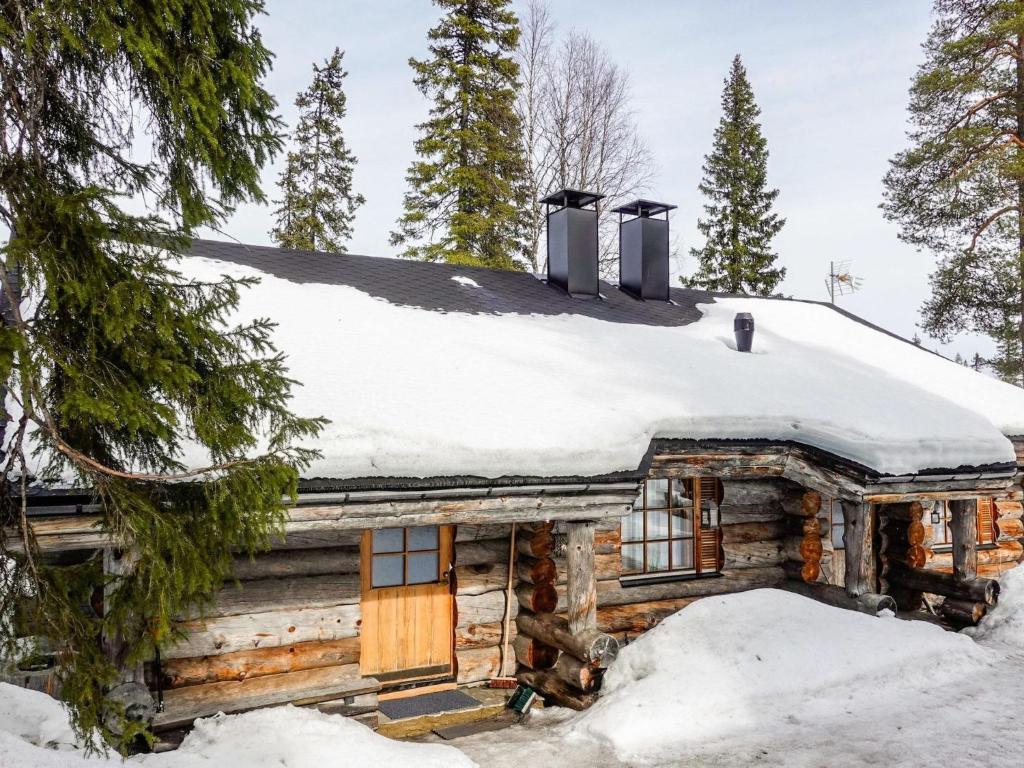 ルオストにあるHoliday Home Kelo-ville by Interhomeの屋根に雪が積もった丸太キャビン