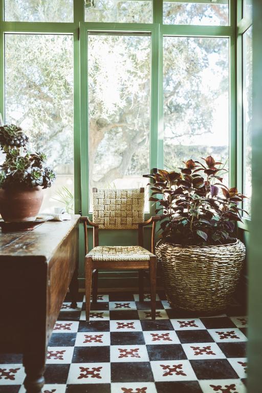 a room with a chair and potted plants in a window at Hotel Le Ponteil in Antibes