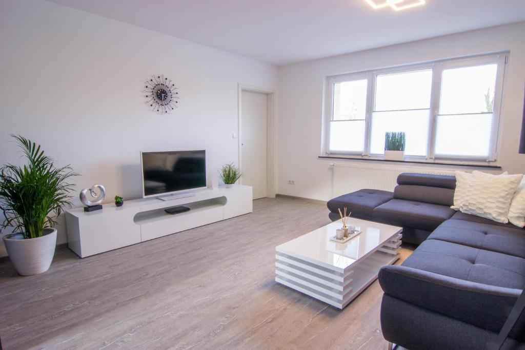 ein Wohnzimmer mit einem Sofa und einem TV in der Unterkunft Appartements am Bodetal in Thale