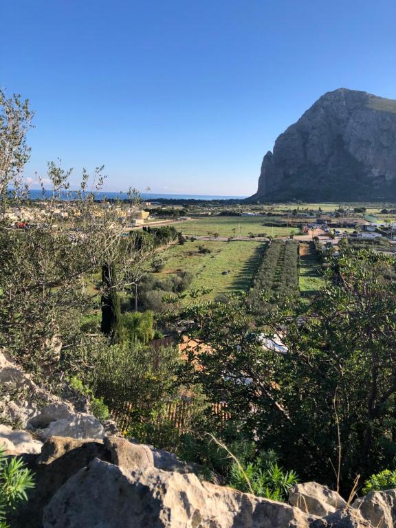 a view of a field with a mountain in the background at B&B Villa Alba in San Vito lo Capo