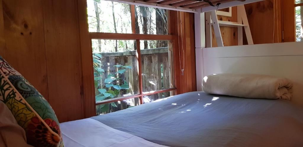 Bett in einem Zimmer mit einem großen Fenster in der Unterkunft Hush Boutique Accommodation in Coromandel Town