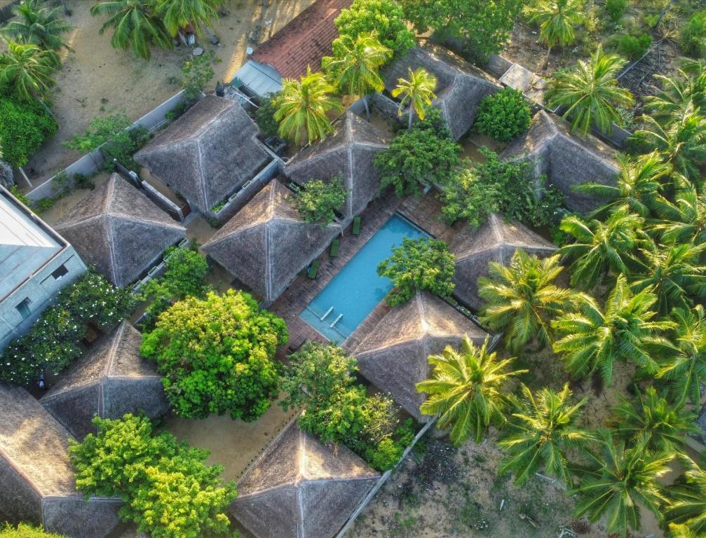 una vista aérea de una piscina en un bosque con palmeras en Hiru Resort and Kite Surfing en Kalpitiya