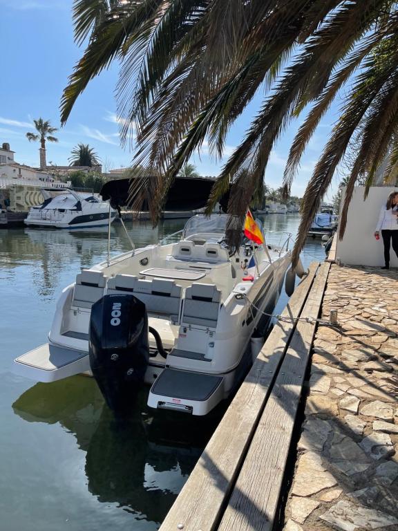 un barco blanco estacionado junto a un muelle con palmeras en Maison sur canaux marina Empuriabrava avec 4 suites dont 1 suite balnéo Jacuzzi, en Empuriabrava