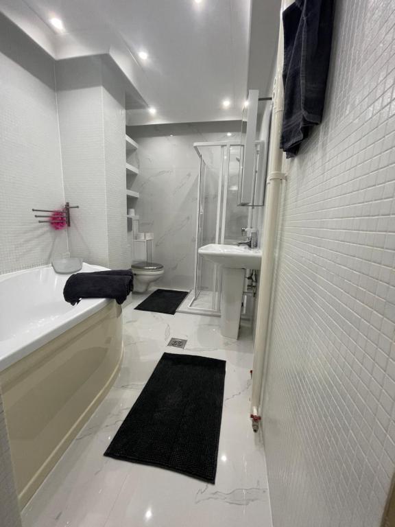 a bathroom with a tub and a toilet and a sink at Ruben Apartman City Center in Debrecen