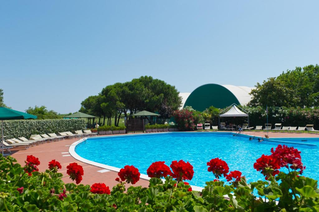 a large swimming pool with red flowers in the foreground at Ca' Del Moro in Venice-Lido