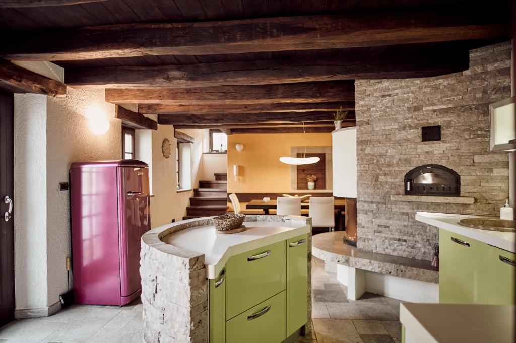 a kitchen with a pink refrigerator in a room at Tmbin's barn - nature, horses, family in Sežana