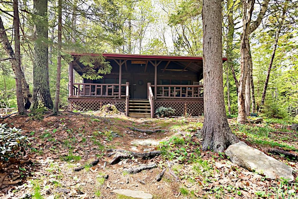 uma cabana de madeira no meio de uma floresta em Sprucewold Coastal Retreat em Boothbay Harbor