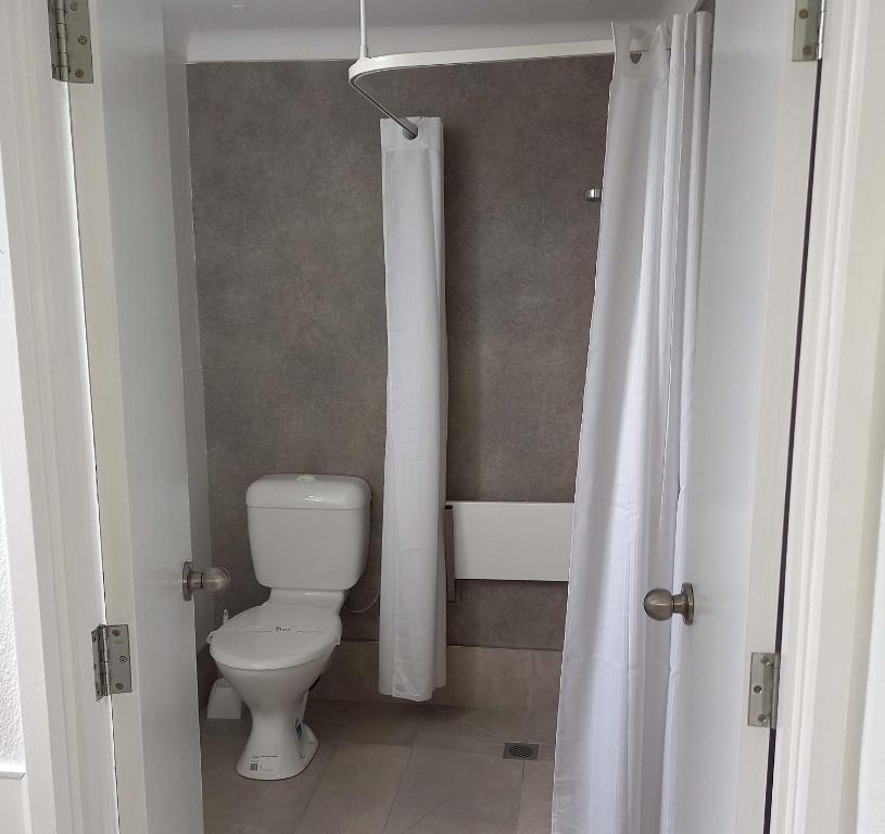 a bathroom with a toilet and a bath tub at Alexander Motel in Taumarunui