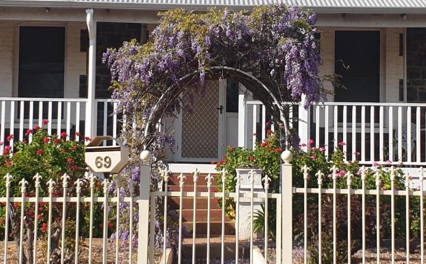 una casa con una valla blanca con flores púrpuras en Roseneath Cottage, en Northam