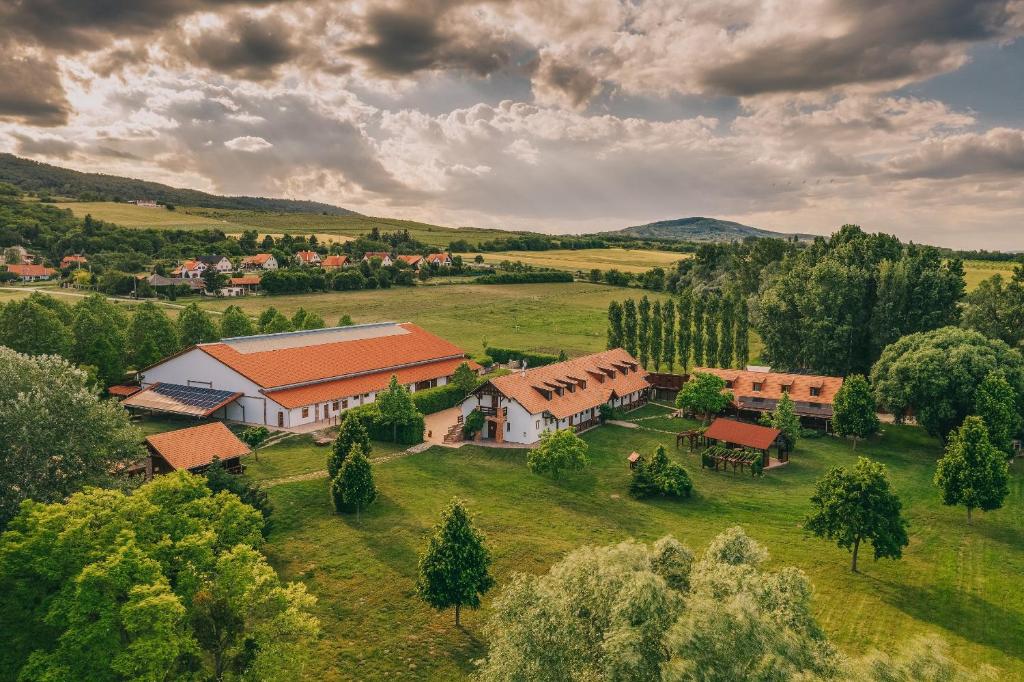 eine Luftansicht eines Hauses auf einem grünen Feld in der Unterkunft Matild Country Hotel in Nemesvita