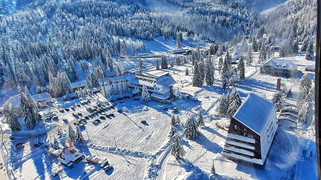 an aerial view of a ski lodge in the snow at Hotel Iadolina in Stana de Vale