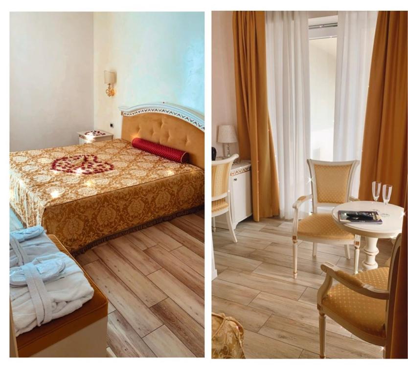 twee foto's van een hotelkamer met een bed en een tafel bij Palace Hotel & SPA La CONCHIGLIA D' ORO in Vicenza