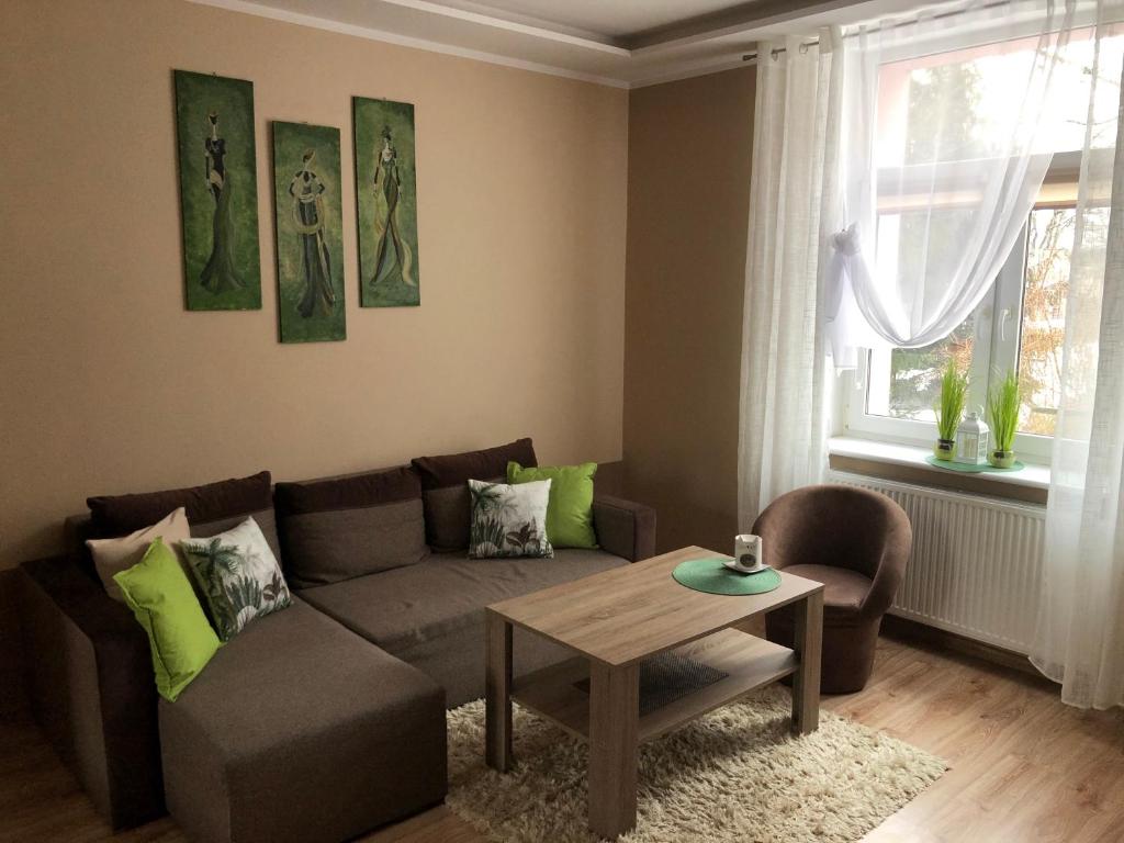 a living room with a couch and a table at Studio Złotnicza in Jelenia Góra