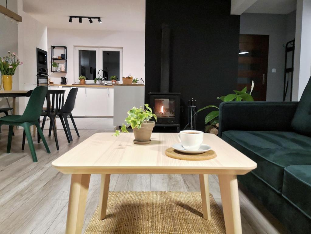 a living room with a coffee table and a couch at Apartament Wrzosowa 25 in Kudowa-Zdrój