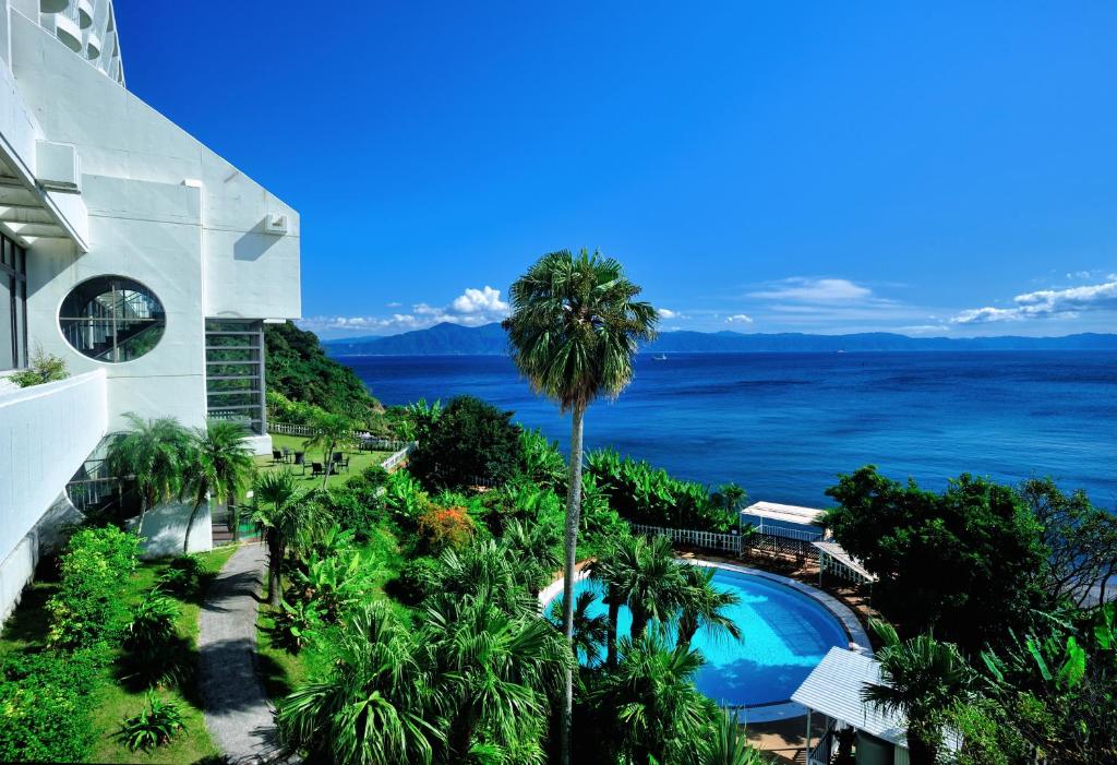 an ocean view from a building with a palm tree and a swimming pool at Ibusuki Royal Hotel in Ibusuki