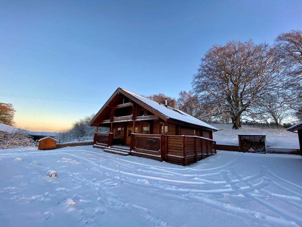 een blokhut met sneeuw op de grond bij Pine Lodge in Gorebridge