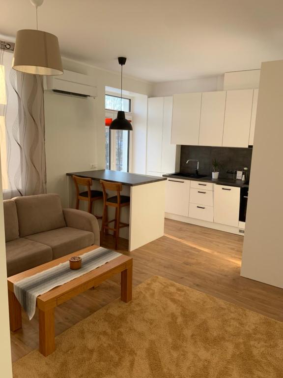 uma cozinha e sala de estar com um sofá e uma mesa em Staadioni apartment em Tartu