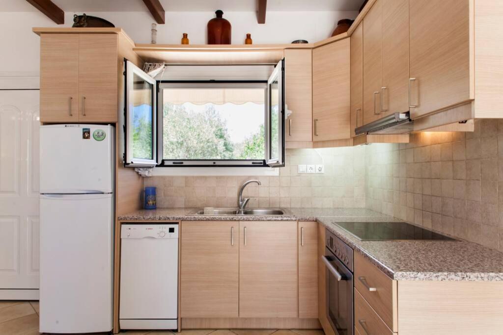 een keuken met een witte koelkast en een spoelbak bij Beautiful Holiday House near the sea in Sissi