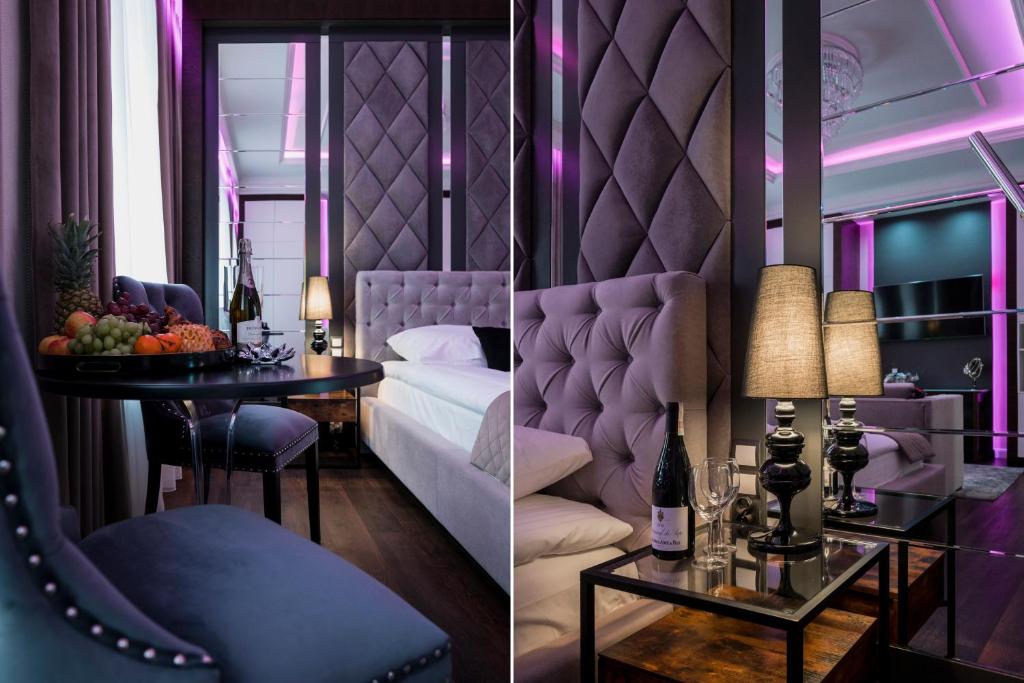 duas fotografias de um quarto de hotel com uma cama e uma mesa em Salomea Krakow apartments em Cracóvia