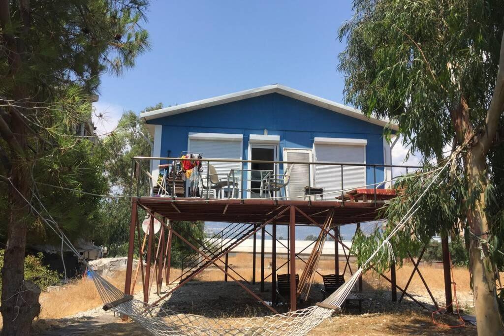 niebieski dom z hamakiem przed nim w obiekcie Дом на берегу моря Adelina w mieście Demre