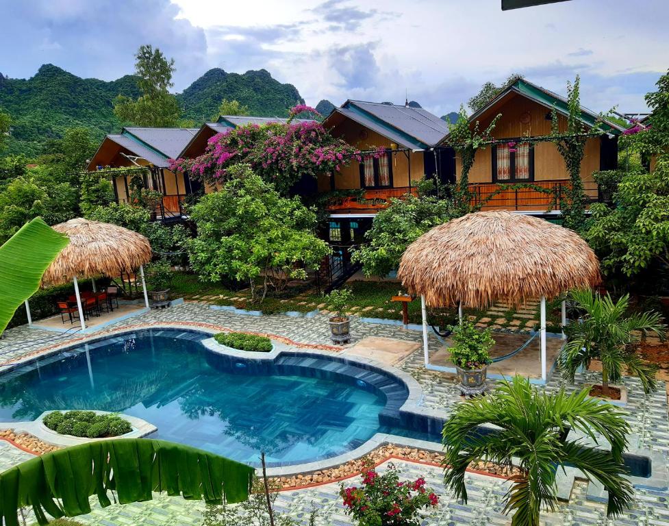 - une piscine en face d'une maison dans l'établissement Phong Nha Bolero Bungalow, à Phong Nha