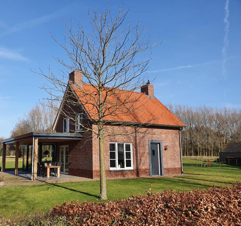 a small brick house with a tree in front of it at B & B de Stok in Sint-Oedenrode