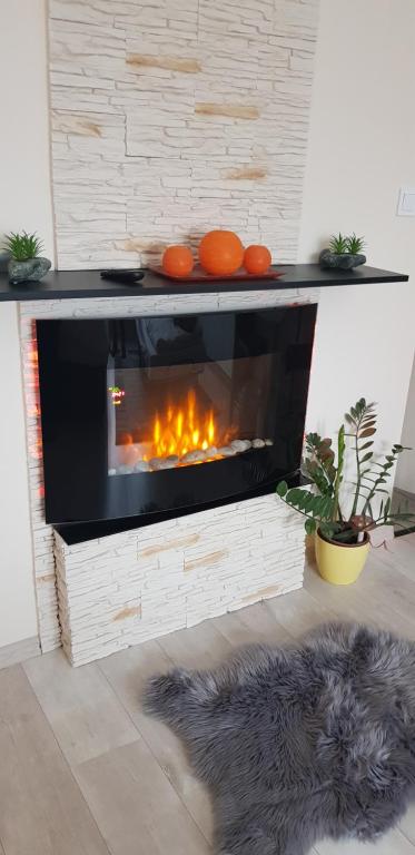 a fireplace in a living room with two oranges at Rózsa Apartmanház in Szeged
