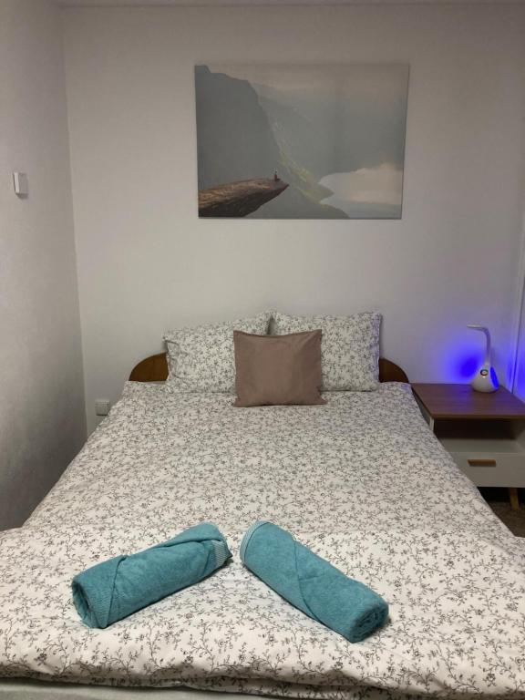 Una cama con dos almohadas azules. en UNDERGROUND en Bielsko-Biala