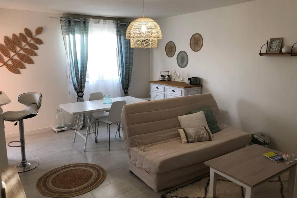ein Wohnzimmer mit einem Sofa und einem Tisch in der Unterkunft Appartement cosy avec jardin à Blagnac. in Blagnac