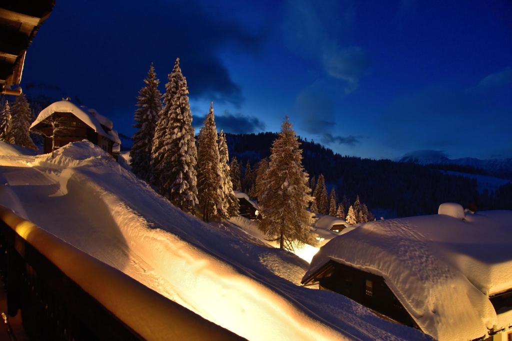 um telhado coberto de neve de uma casa com árvores cobertas de neve em Apartment Sonnleitn/Nassfeld em Sonnenalpe Nassfeld