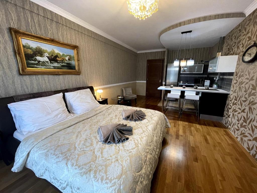 カルロヴィ・ヴァリにあるApartment 122 Čertovkaのベッドルーム1室(ベッド1台付)、キッチン、ダイニングルームが備わります。