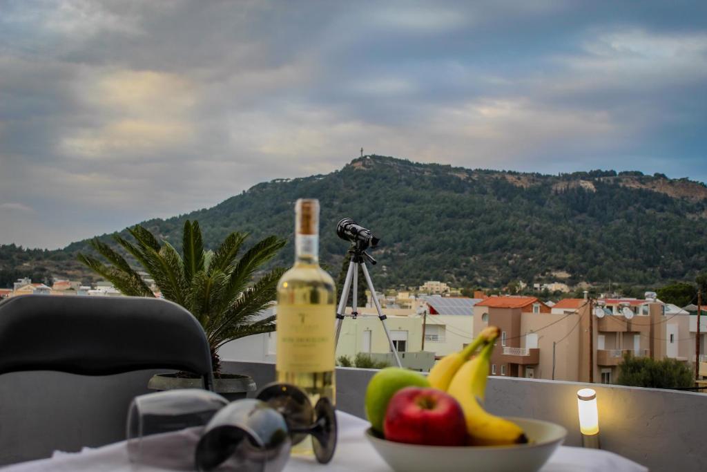 een fles wijn en fruit op een tafel met een camera bij Sunshine penthouse in Pastida