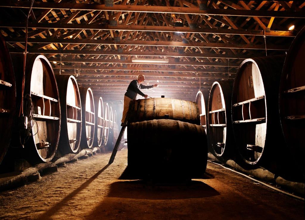a man standing behind a barrel in a wine cellar at Pieter van Gent Winery & Vineyard in Eurunderee