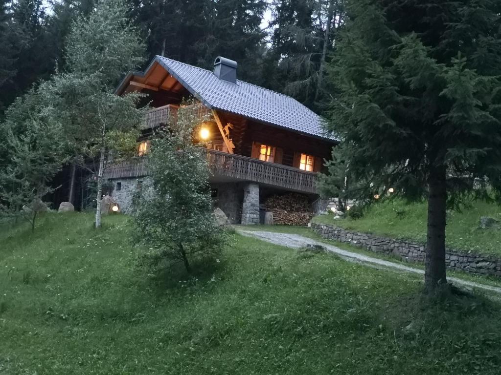 una cabaña de madera en el bosque por la noche con las luces encendidas en Almhaus Ödlstein, en Sankt Stefan im Lavanttal