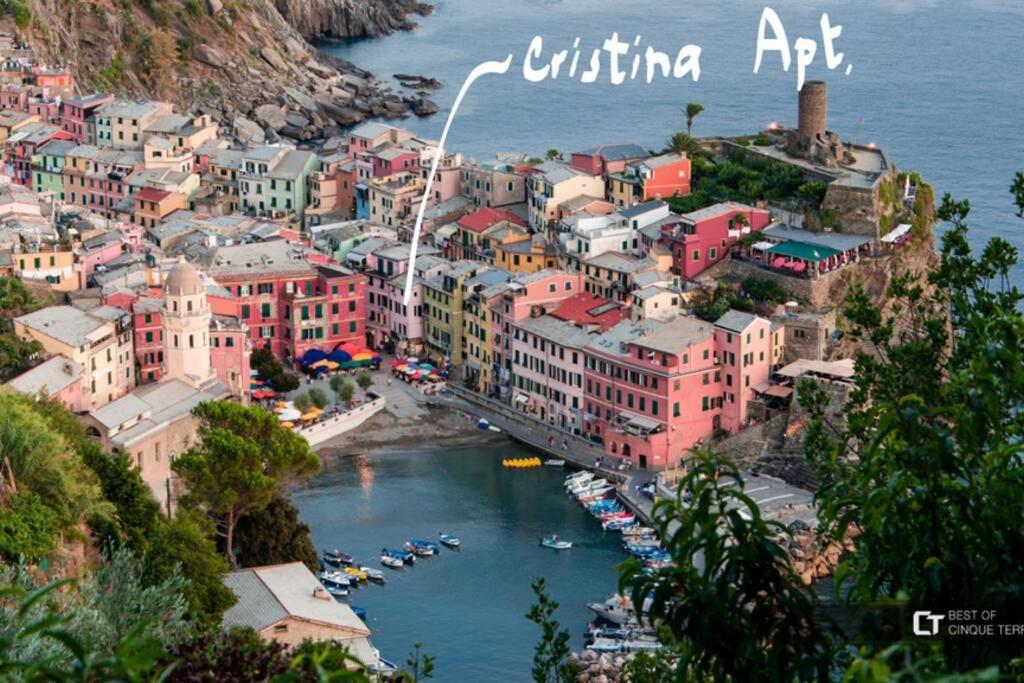 an aerial view of a town with boats in the water at Seaview Marina Apart 2BDR 2BHT aircondo, few steps, free parking in Vernazza