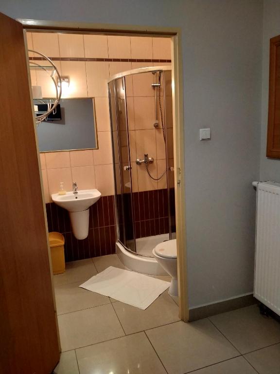łazienka z prysznicem, toaletą i umywalką w obiekcie VENA Noclegi Restauracja Sala Bankietowa w mieście Malanów