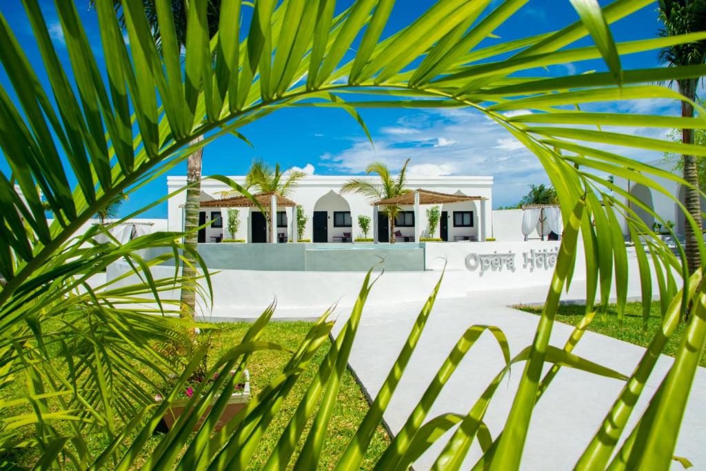 Blick auf ein Haus von einer Palme in der Unterkunft Opera Hotel in Nungwi