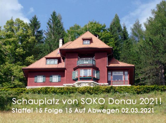 a large red house in the middle of trees at Villa Tadina Ferienwohnungen Mariazell in Mariazell