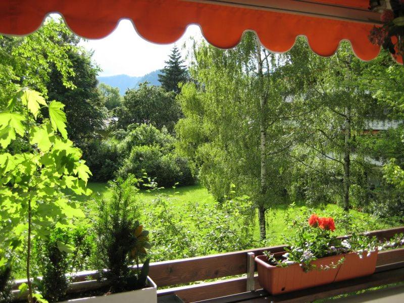 a view of a garden from a window with plants at Ferienwohnung Eckl in Bad Reichenhall