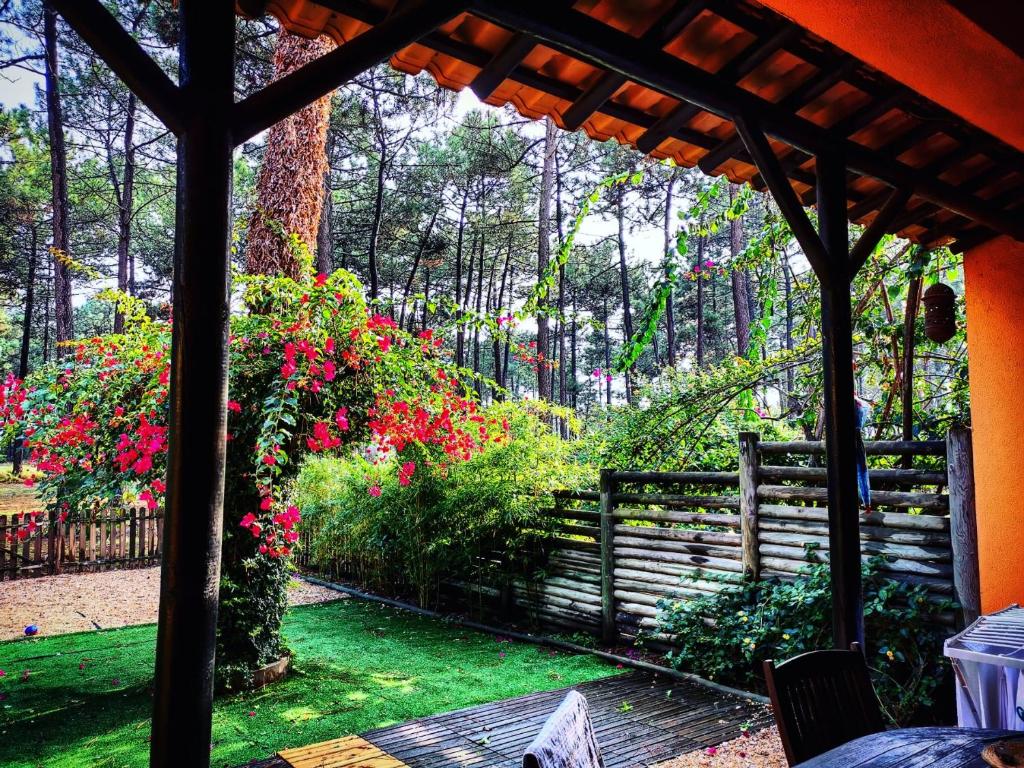 uma vista para um jardim com flores e uma cerca em Dolphin Aroeira Beach Villa em Charneca