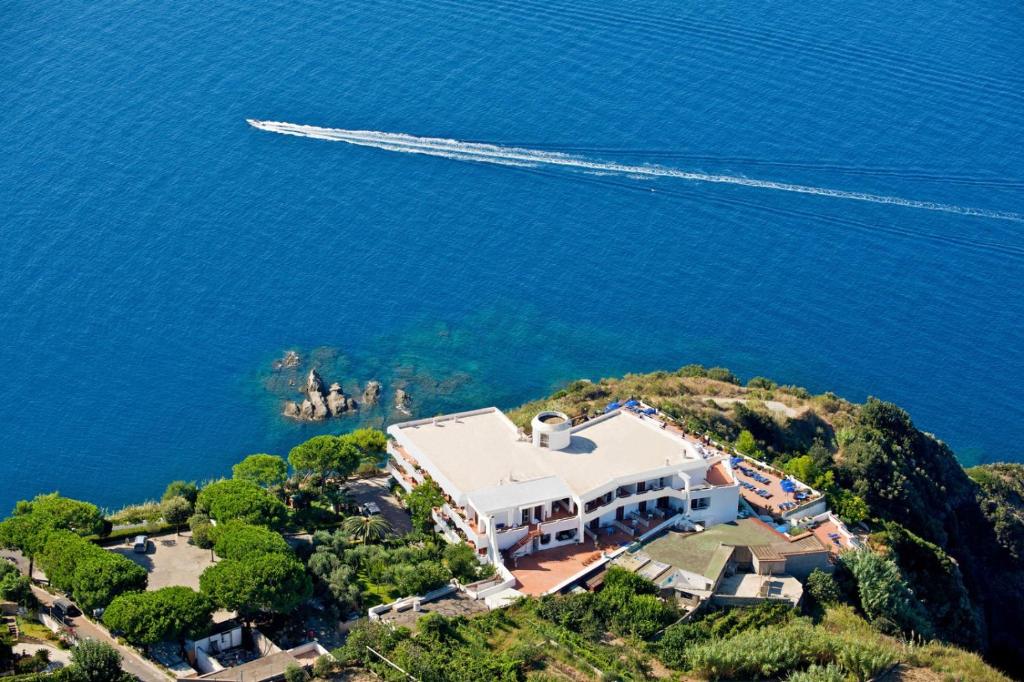 an aerial view of a house on a hill next to the water at Hotel Grazia alla Scannella in Ischia