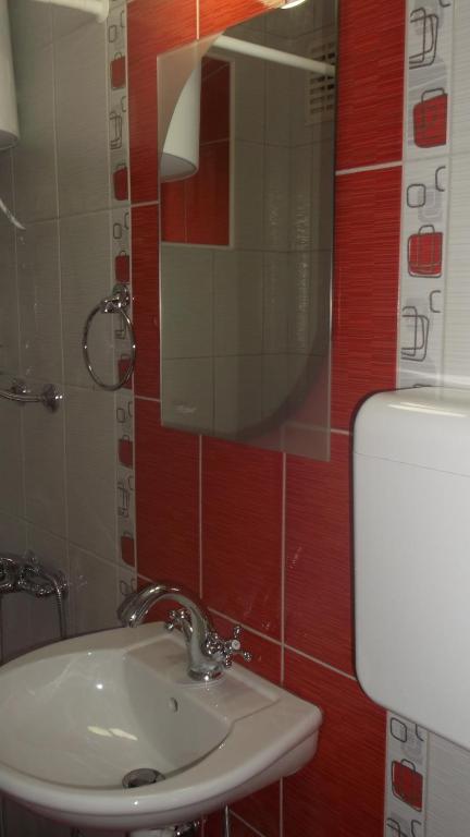 a bathroom with a sink and a mirror and a toilet at Vicky Apartments in Kotor