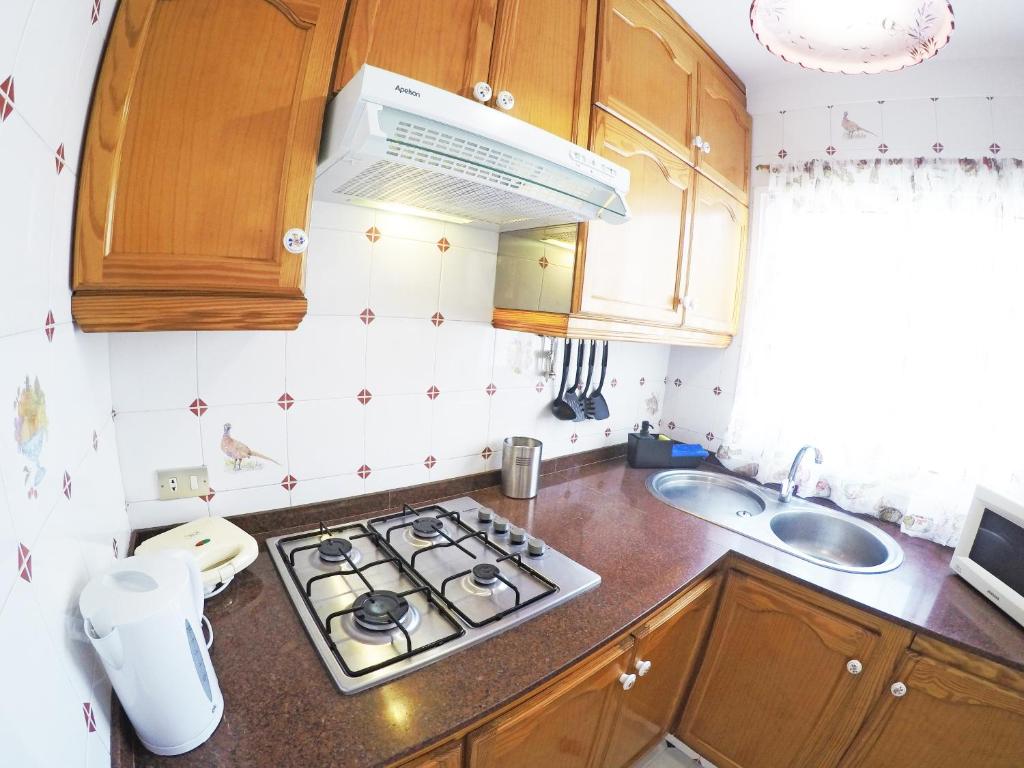 a small kitchen with a stove and a sink at Fleitas Penthouse with terrace in San Andrés
