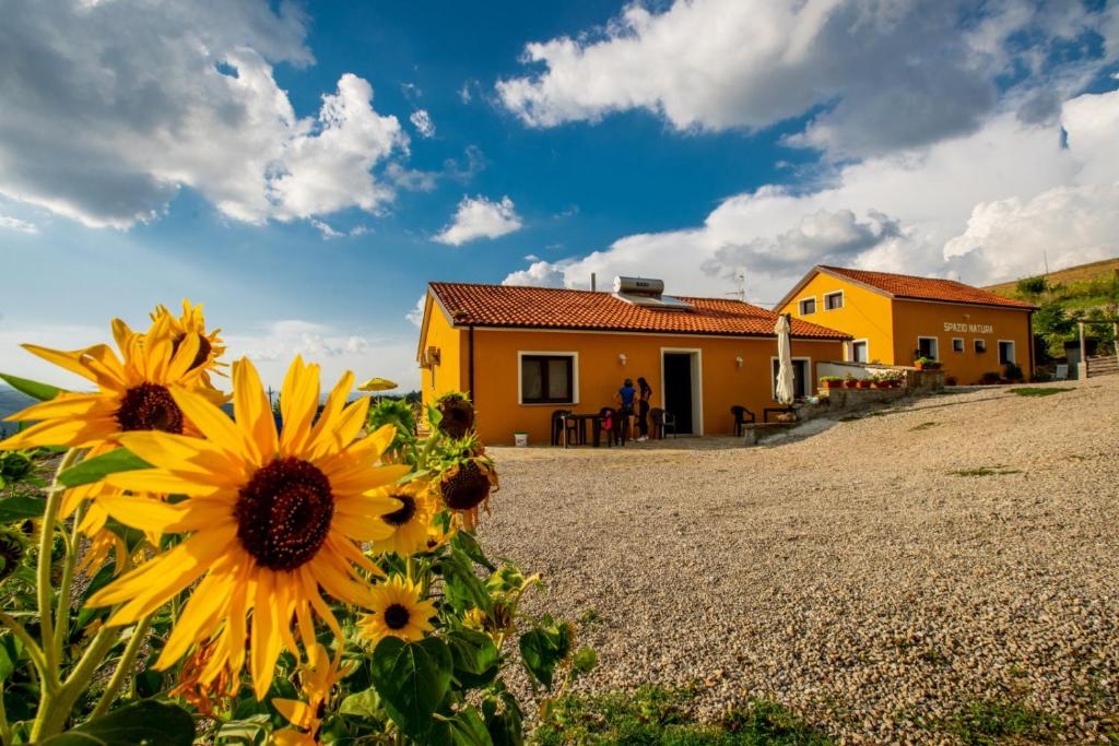 żółty dom ze słonecznikami przed nim w obiekcie Spazio Natura w mieście Castelmezzano