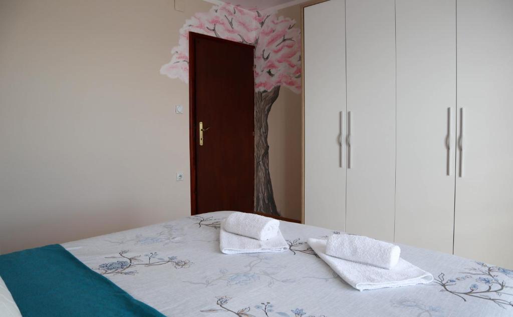 伊萬尼察的住宿－Domaćinstvo Sinđelić，一间卧室配有一张床,上面有两条毛巾