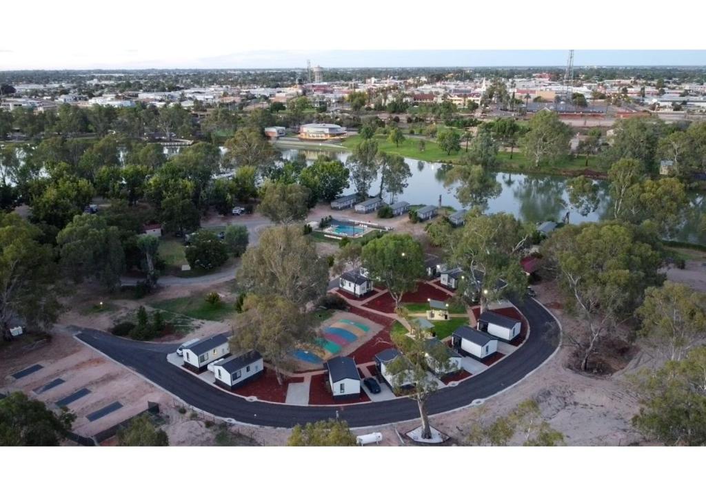 an aerial view of a park with a lake at Discovery Parks - Mildura, Buronga Riverside in Buronga