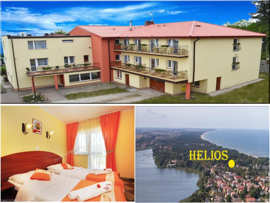 a collage of two pictures of a hotel at Helios in Mielno